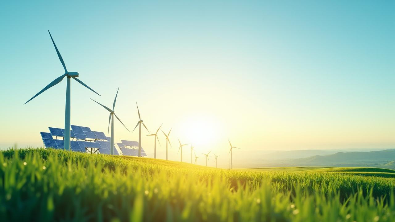 Grüne Landschaft mit modernen Windrädern und Solarpaneelen unter klarem Himmel, symbolisierend nachhaltige Energie und eine verantwortungsvolle Zukunft.