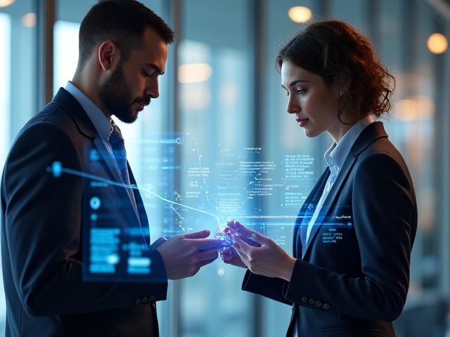 Team arbeitet an komplexen Daten visualisiert mit KI-Grafiken