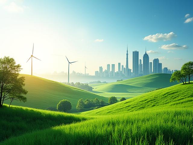 Grüne Landschaft mit Windrädern und Solarpaneelen, symbolisiert Nachhaltigkeit