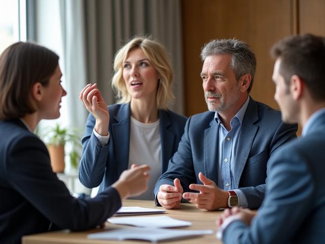 Geschäftsleute in einem entspannten Gespräch in einem modernen Büro, repräsentiert KMU-Beratung