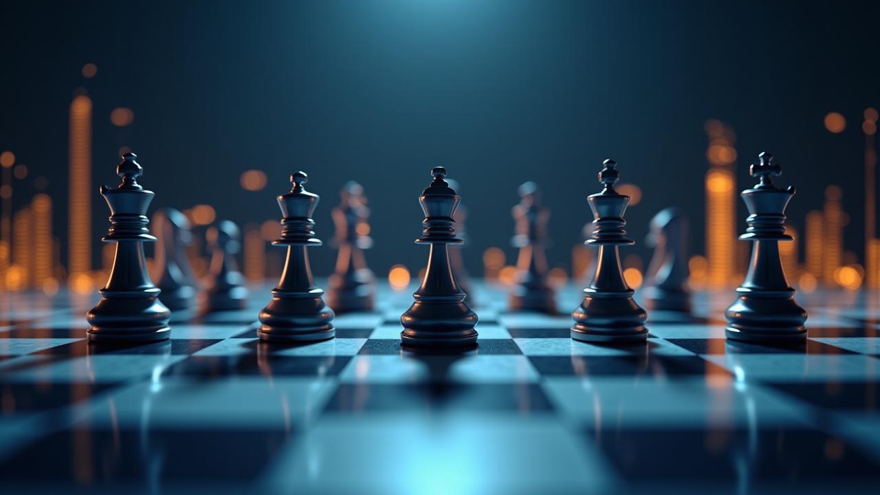 Grafik, die Datenanalyse und Strategie auf einem Schachbrett darstellt